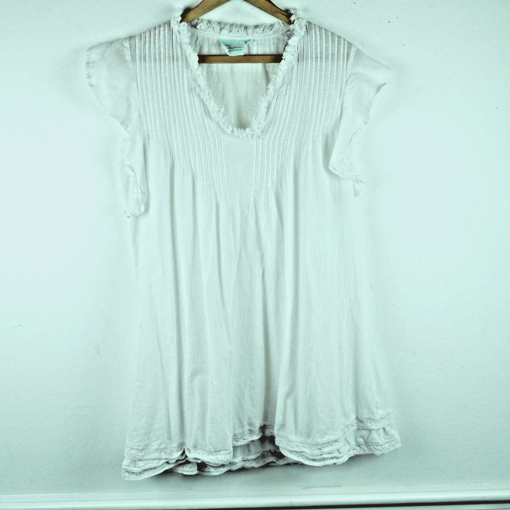True Destinations M Mini‎ Dress Resort White Cotton Pintuck Ruffle Boho Tunic